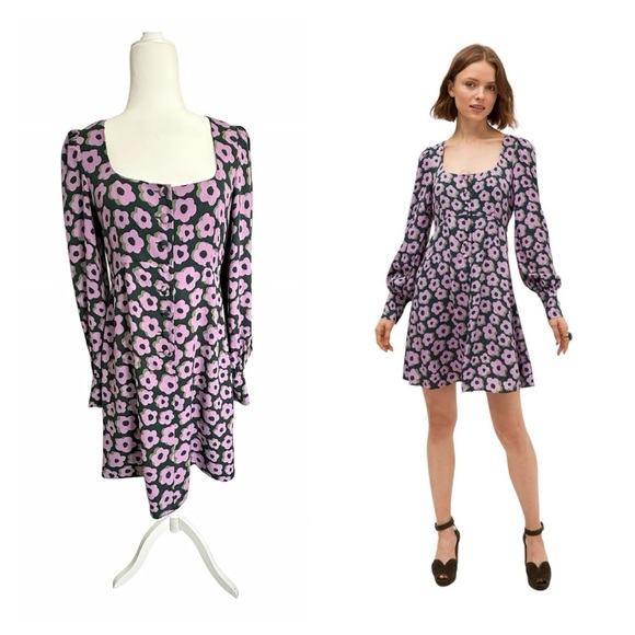 Kate Spade NY Flaire Flora Fluid Mini Dress Green Pink Floral Crepe Size 6